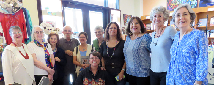 Lucy Griffith, Christa Pandey, Carmen Tafolla (Texas State Poet Laureate 2015-2016), Jim LaVilla-Havelin, Linda Simone, Cindy Huyser (Bearing the Mask Co-Editor), Mobi Warren, Anjela Villareal Ratliff, Gloria Amescua, Cyra S. Dumitru, and Patricia Spears Bigelow (left to right).